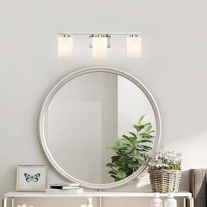 Edvivi Bathroom Light Fixtures, 3-Light Modern Brushed Nickel Vanity Light Over Mirror, Wall Sconces with Square White Glass Shades for Living Room, Bedroom, Hallway, E26 Base