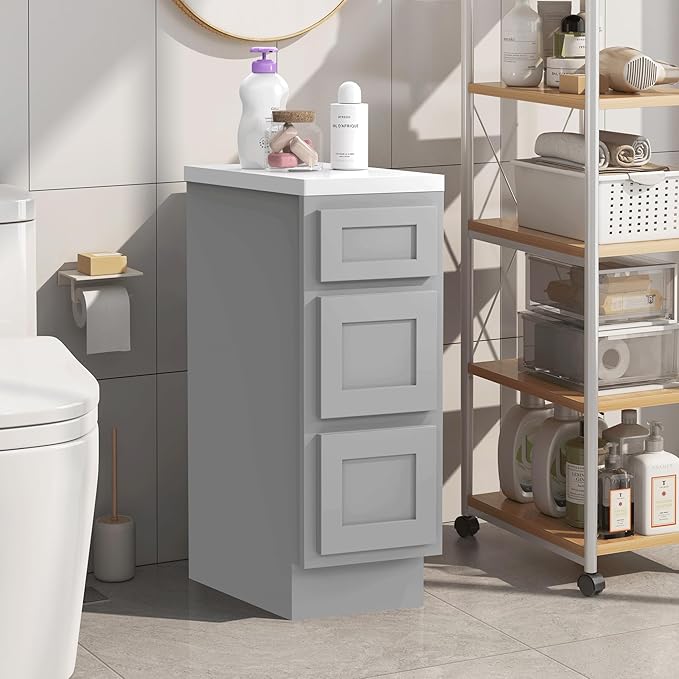 Vanity Art 12 Inch Bathroom Vanity Small Base Cabinet with 3 Soft Closing Shaker Drawers, Strudy Floor Mount Cabinets for Storage Shaving, Washroom Accessories, VA4012-3G