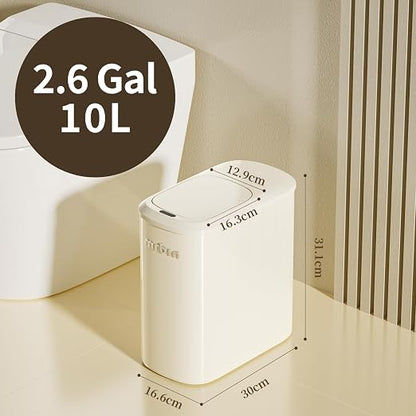 MRBIN Metal Motion Sensor Bathroom Trash Can with Lid and Wheels, 10L/2.6gal Automatic Removable Slim Electric Narrow Waste Basket for Near Desk Office, Bedroom, Kitchen, Rv, White