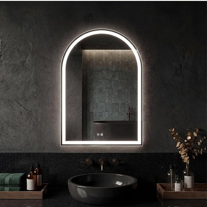 DUMOS 24"×32" LED Bathroom Mirror with Lights, Arched Vanity Mirror with Anti-Fog, Dimmable, 3-Color Light, Memory Function, Tempered Glass
