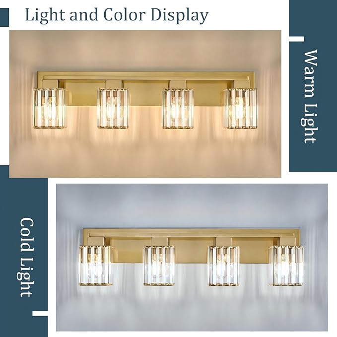 Brushed Gold Bathroom Light Fixtures, 3-Light Vanity Light Over Mirror | Wall Sconces with Square Crystal Shades, E26 Socket, Modern Vanity Lights for Bathroom (Bulbs Not Included)