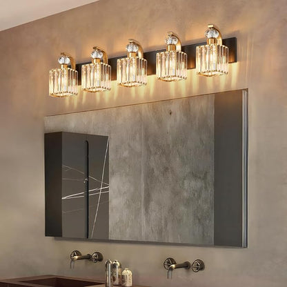 Modern Bathroom Vanity Light, 5-Light Black Gold Bathroom Lighting Fixtures Over Mirror, 36.3" Crystal Wall Light Sconce for Bathroom/Bedroom/Vanity, Includes LED Bulbs, Easy Installation