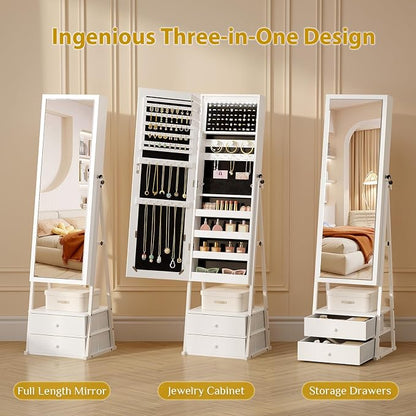 Bonnlo LED Jewelry Cabinet Armoire, Lockable Standing Mirror with Jewelry Storage, Full Length Mirror with 2 Drawers, Large Capacity Jewelry Organizer for Women, Gift Idea, White