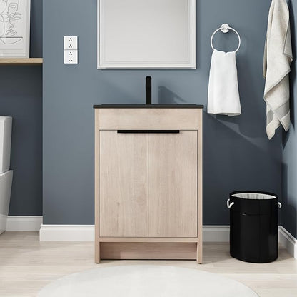 SSLine 24-Inch Bathroom Vanity with Sink Mid-Century Bathroom Vanities with Black Top Basin Floor Wood Bathroom Sink Cabinet with Soft-Close Doors & Adjustable Storage Shelves (Light Oak)