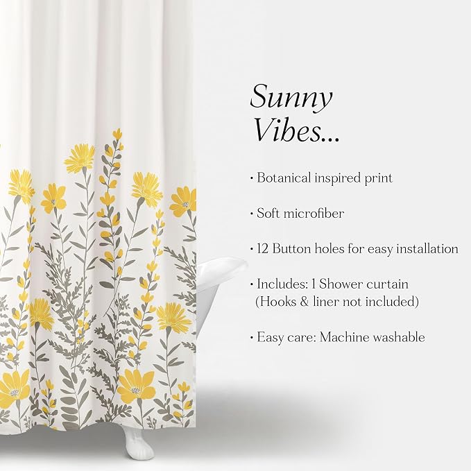 Lush Decor Aprile Floral Shower Curtain Single 72" W x 72" L, Yellow & Gray - Floral Shower Curtains - Bathroom Décor - Cottage Shower Curtain
