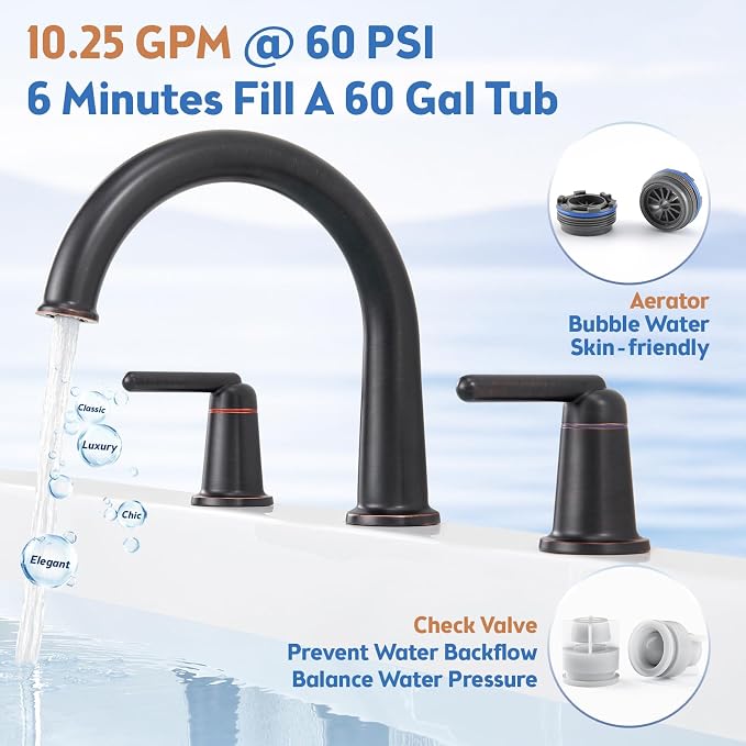 Roman Tub Faucet 3 Hole Deck Mount Tub Filler Oil Rubbed Bronze | With Ceramic Valve, Solid Brass, High Arch Bathtub Faucet, 2-Handle Design, Widespread Mount, Garden Bath Tub Faucet