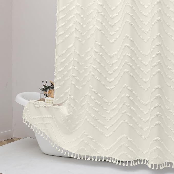 Extra Long Beige Boho Shower Curtain, Chic Tufted Chevron Striped Textured Cloth Fabric Shower Curtains with Tassel for Bathroom, Soft Hotel Style Farmhouse, Machine Washable, 72x96