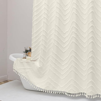 Extra Long Beige Boho Shower Curtain, Chic Tufted Chevron Striped Textured Cloth Fabric Shower Curtains with Tassel for Bathroom, Soft Hotel Style Farmhouse, Machine Washable, 72x96