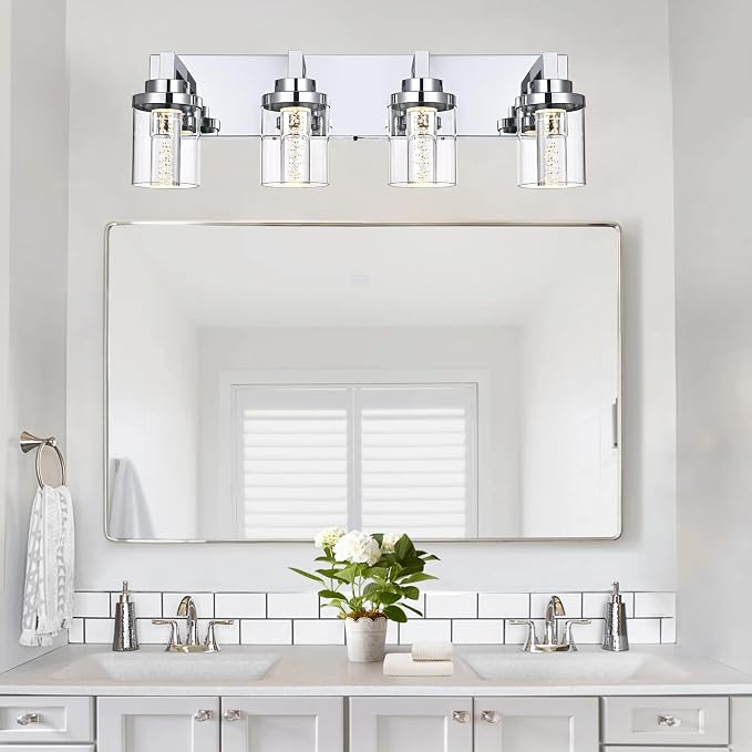MELUCEE 4-Light LED Bathroom Lighting Fixtures Chrome, 5CCT Adjustable | Dimmable LED Vanity Light for Bathroom Bubble Crystal Bathroom Wall Lights with Clear Glass Shade, Built-In LED Chips