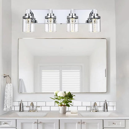 MELUCEE 4-Light LED Bathroom Lighting Fixtures Chrome, 5CCT Adjustable | Dimmable LED Vanity Light for Bathroom Bubble Crystal Bathroom Wall Lights with Clear Glass Shade, Built-In LED Chips