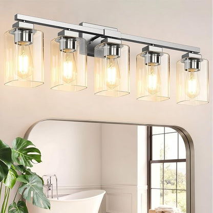31” Bathroom Light Fixtures, 5-Light Vanity Light Brushed Nickel | Square Clear Glass & Durable Metal, Quick & Easy Installation, Standard E26 Socket, Bright Bathroom Lighting