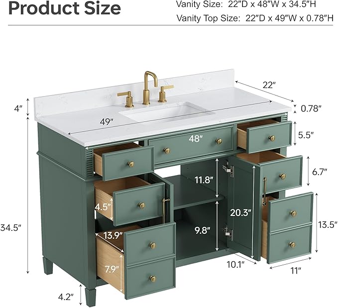 48" Bathroom Vanity with Sink, Sea Green Painted Vanity with Countertop & Backsplash, Stone top and Soft-Closing Drawers, Solid Wood Frame, No Assembly Required