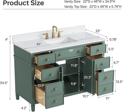 48" Bathroom Vanity with Sink, Sea Green Painted Vanity with Countertop & Backsplash, Stone top and Soft-Closing Drawers, Solid Wood Frame, No Assembly Required