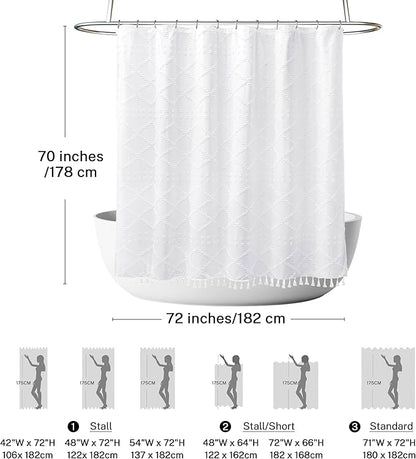 Boho White Woven Fabric Shower Curtain with Tassels 72 x 70 Modern Farmhouse Minimalist Tufted Chevron Striped Shabby Chic Textured, Water Resistant Curtain for Bathroom, Hotel Decor