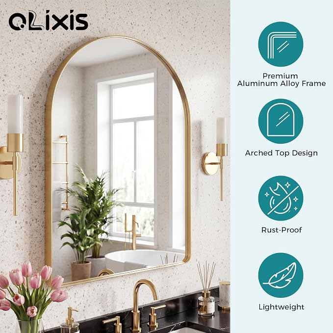 OLIXIS 36x24 Inch Arched Bathroom Wall Mirror, Rounded Rectangle, Gold | Modern Wall Mount Vanity Mirror for Over Sink with Matte Metal Deep Framed, for Home Decor, Living Room