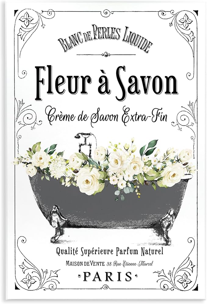 'Fleur a Savon Vintage Parisian Bathroom'| Wall Plaque Art | Stupell Industries | 13 x 19 Inches, Easy to Hang and Sturdy, Made in USA, by Lettered and Lined
