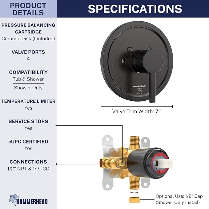 HammerHead Showers Solid Metal Single-Handle Trim Kit with Rough-In Shower Valve, Volume and Temperature Control, Pressure Balance, Oil Rubbed Bronze