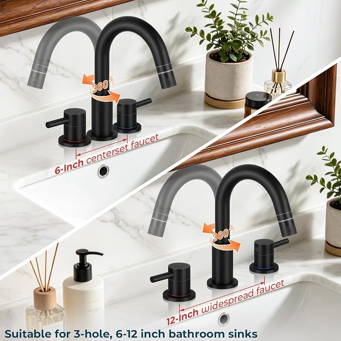FGKQ Black Bathroom Faucet 3 Hole with Pull Down Sprayer and Pop Up Drain | Stainless steel, RV Bathroom Sink Faucet, 8-Inch widespread vanity faucet, 2-Handle,360° Swivel,llaves para lavamanos de baño