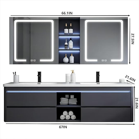55IN Double Sink Vanity, 4 Drawers, Two LED Smart Touch Mirror Cabinets, Open Center Compartment, Body Sensor Lights, Wall Mounted Storage Vanity (67IN)
