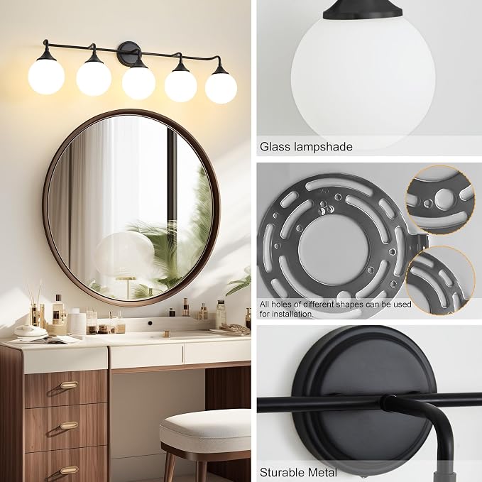 Black Bathroom Light Fixtures Over Mirror Vanity 5-Light | Mid Century Modern Matte Black Wall Sconce with Milky White Glass Ball Shades for for Bathroom Dressing Table Bedroom