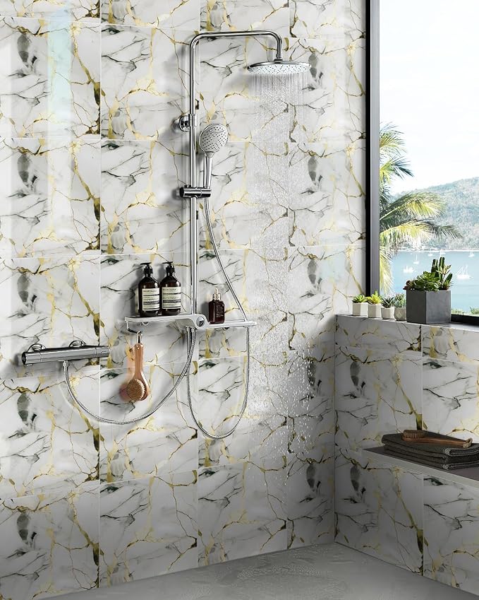 10 Sheets Marble Peel and Stick Backsplash Tile, 12"x12" Waterproof PVC Self Adhesive Tile Shower Wall Panels for Bathroom, Kitchen, Living Room (Gold White)