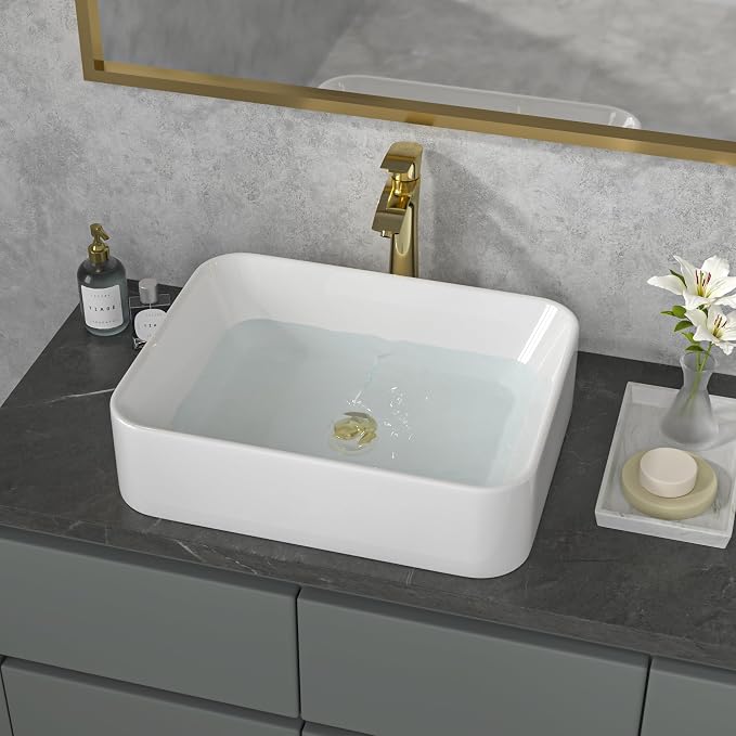 Sarlai Vessel Sink Rectangular - 19"x15" White Bathroom Sink Rectangle Above Counter Porcelain Ceramic Bathroom Vessel Vanity Sink Art Basin