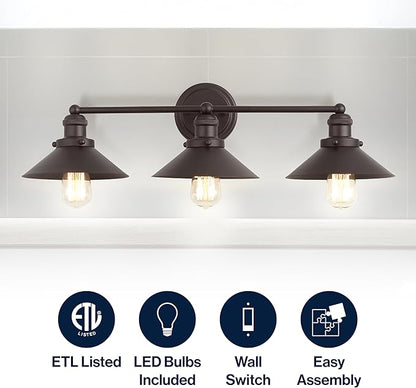 JONATHAN Y 26.5" Oil Rubbed Bronze 3-Light Industrial Farmhouse Metal Vanity Light Wall Sconce, Metal Shade for Bathroom Mirror, Kitchen, Entryway, LED Bulb Included (JYL7428A)