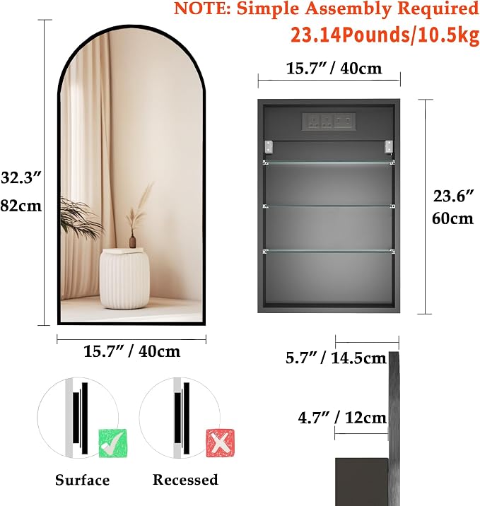 FKWin Medicine Cabinet Mirror with Power Outlet, Surface Mount, 16x32 Inch | Built-in Power Outlet, Adjustable Bathroom Storage, Reversible Left or Right Door, Surface Mount Design, Black