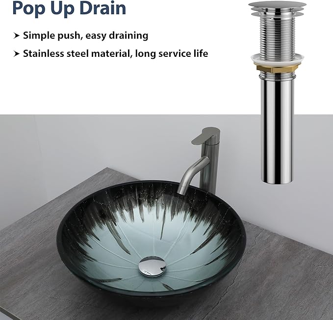 Logmey 16" Glass Bathroom Vessel Sink Vanity Countertop Round Bowl with Chrome Pop up Drain Set,Glass Art Basin,Grey-Black Gradient