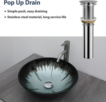 Logmey 16" Glass Bathroom Vessel Sink Vanity Countertop Round Bowl with Chrome Pop up Drain Set,Glass Art Basin,Grey-Black Gradient