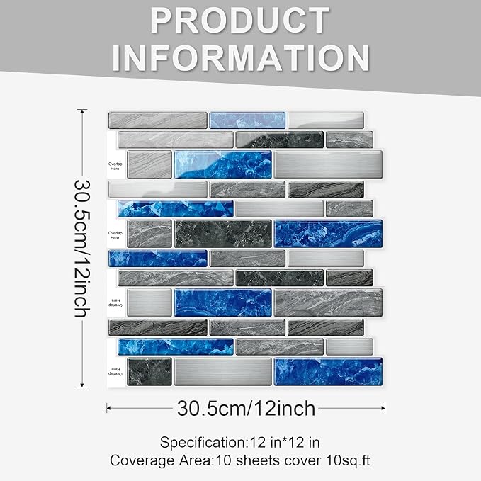 10 Sheets Peel and Stick Backsplash, Peel and Stick Tiles, Marble Look Wall Tiles Backsplash for Kitchen and Bathroom, Livingroom, 12”x12”,Blue&Grey