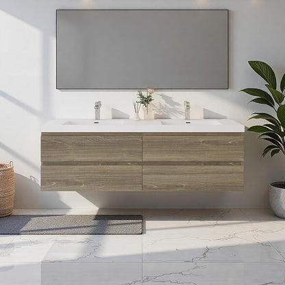 72" Floating Bathroom Vanity with Sink, Modern Wall Mounted Vanity with Resin Top Basin and 4 U-Shaped Soft-Close Storage Drawers, Bathroom Storage Cabinet with Invisible Handle, Grey