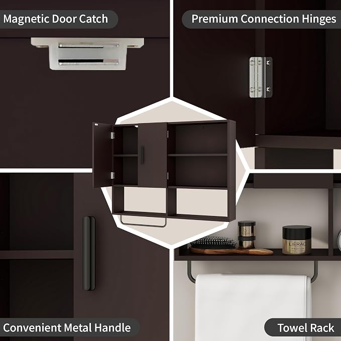 Bathroom Wall Cabinet, Medicine Cabinet with Towel Bar & 2 Doors, Espresso