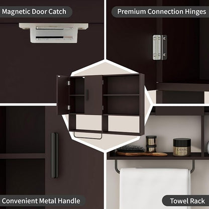 Bathroom Wall Cabinet, Medicine Cabinet with Towel Bar & 2 Doors, Espresso