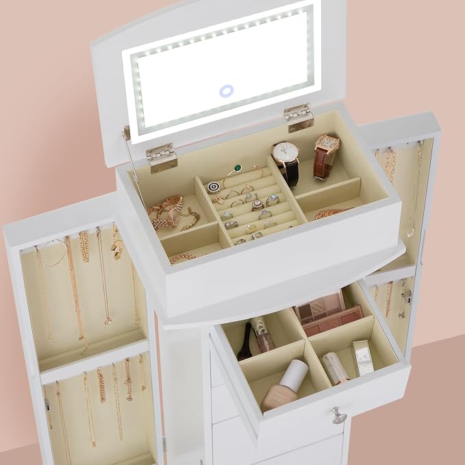 IRONCK Jewelry Cabinet with LED Mirror and 6 Drawers, Jewelry Armoire Cabinet Standing with Necklace Hooks & Anti-Tarnish Lining, Standing Jewelry Box, Gift for Women, White
