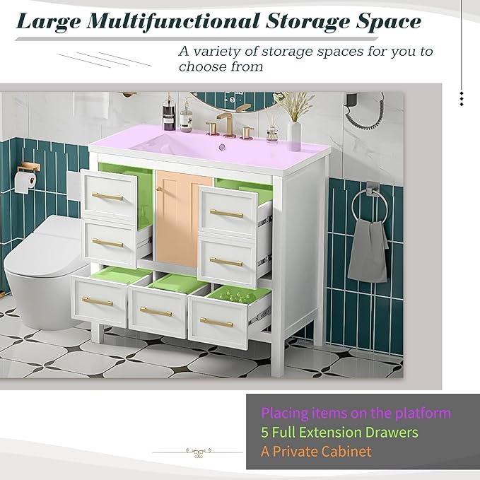 Merax 36 Inch White Bathroom Vanity with Sink,Modern Bathroom Sink Cabinet 36" with 5 Drawers & Storage Cabinet,Spacious Integrated Countertop,Gold Handles,Soft Closing,Solid Wood Frame