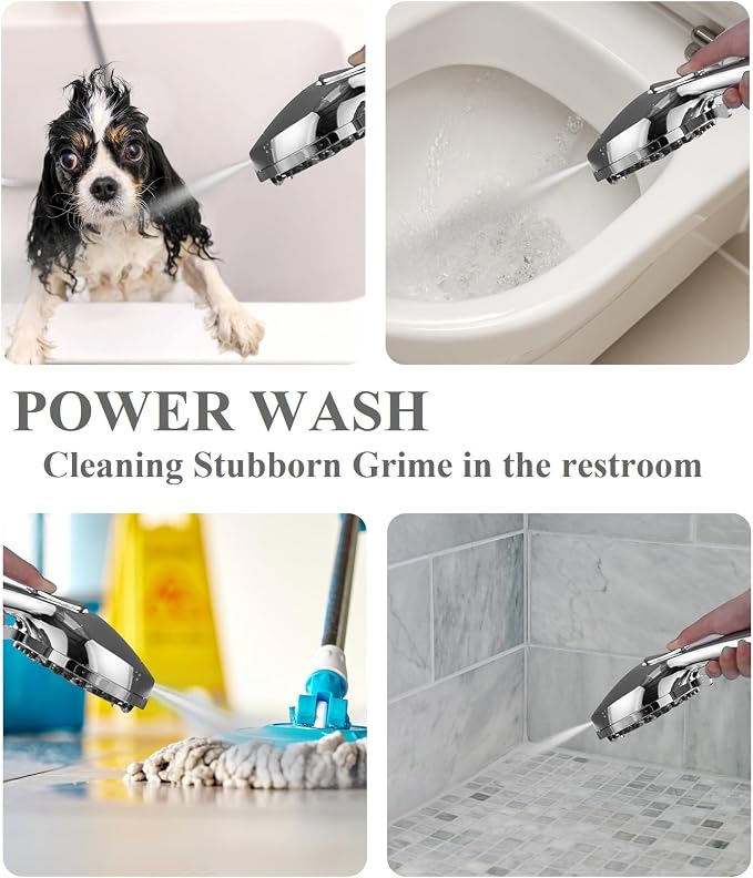 BOWGER Shower Head with Handheld High Pressure Multi-Function 7 modes, Built-in Power Wash to Clear Tub, Tile & Pets, 5” High Flow Hand Held Rain Showerhead with Extra Long Hose and Adjustable Bracket