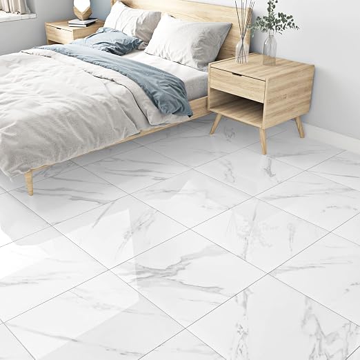 Marble Peel and Stick Floor Tile Bathroom Waterproof Vinyl Tiles | Self Adhesive Marble Sticky Tiles for Floor Bedroom Kitchen Camper Laundry Peel and Stick Tile Flooring 20 PCS 12"x12" White