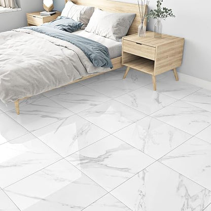 Marble Peel and Stick Floor Tile Bathroom Waterproof Vinyl Tiles | Self Adhesive Marble Sticky Tiles for Floor Bedroom Kitchen Camper Laundry Peel and Stick Tile Flooring 20 PCS 12"x12" White