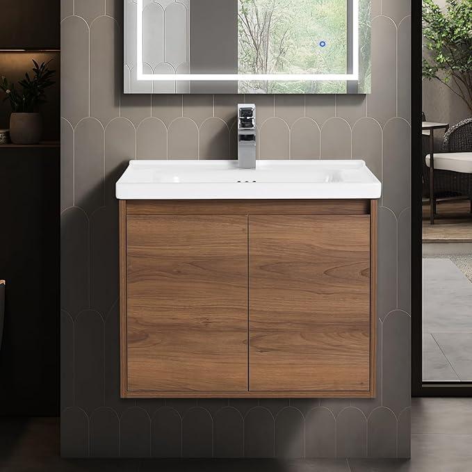 Blossom 24 Inch Wall Mounted Bathroom Vanity with Sink | Floating Wood Vanity Cabinet | Modern Soft-Close Doors & Storage | Ceramic Basin | Space-Saving Design (Brown Walnut, 24'' Ceramic Sink)