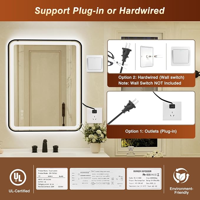 32x40 Inch Black Framed LED Bathroom Mirror with Lights,Smart Bathroom Mirror,Motion Sensor,Tempered Glass,Anti-Fog,Stepless Dimmable & 3 Colors,Memory,Vanity Mirror for Wall