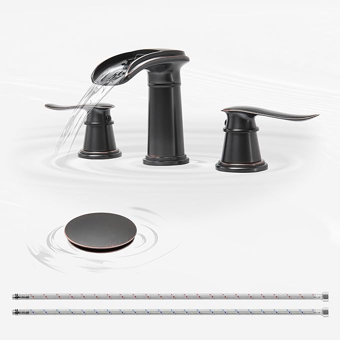 BWE Waterfall Bathroom Faucet, Oil Rubbed Bronze 8 Inch Widespread Bathroom Sink Faucet Two-Handle Waterfall with Pop-up Drain, for Vanity, Lavatory Sink