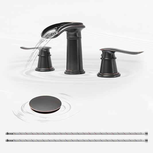 BWE Waterfall Bathroom Faucet, Oil Rubbed Bronze 8 Inch Widespread Bathroom Sink Faucet Two-Handle Waterfall with Pop-up Drain, for Vanity, Lavatory Sink