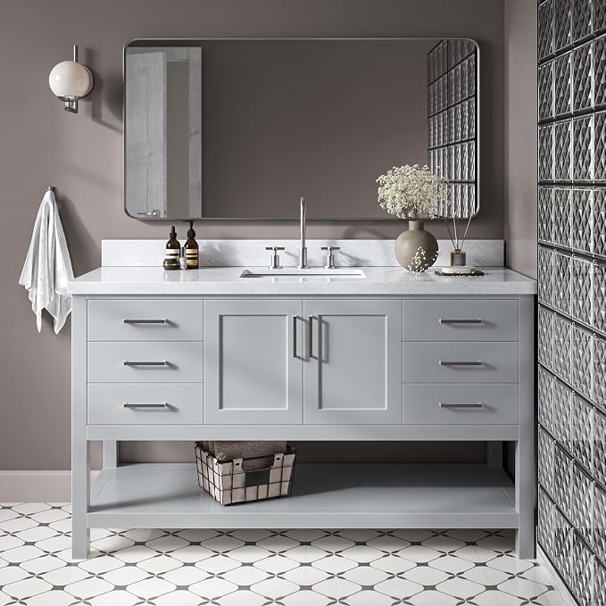 Olivia 60-Inch Grey Bathroom Vanity with Sink, 1.5" Edge Italian Carrara Marble Countertop & Backsplash, Rectangular Undermount Sink, 2 Soft Closing Doors, 6 Dovetail Drawers, Brushed Nickel