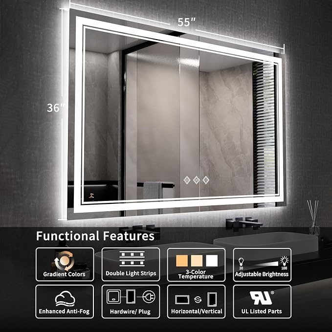 LED Mirror, 55x36 Inch Gradient Front and Backlit Lighted Bathroom Mirror, 3 Colors Dimmable CRI>90 Double Lights, IP54 Enhanced Anti-Fog, Hanging Plates Wall Mount Bathroom Mirror