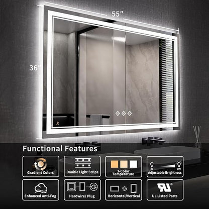LED Mirror, 55x36 Inch Gradient Front and Backlit Lighted Bathroom Mirror, 3 Colors Dimmable CRI>90 Double Lights, IP54 Enhanced Anti-Fog, Hanging Plates Wall Mount Bathroom Mirror