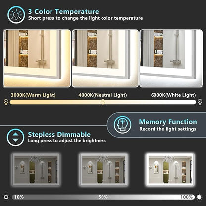 72x40 Inch Brushed Nickel LED Bathroom Mirror, Backlit & Front Lit | Silver Framed Anti-Fog Lighted Vanity Mirror with Lights, 3 Color Dimmable, Memory, HD Tempered Glass, CRI95, IP54, UL Listed