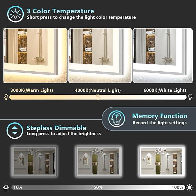 72x32 Inch Brushed Nickel LED Bathroom Mirror, Backlit & Front Lit | Silver Framed Anti-Fog Lighted Vanity Mirror with Lights, 3 Color Dimmable, Memory, HD Tempered Glass, CRI95, IP54, UL Listed