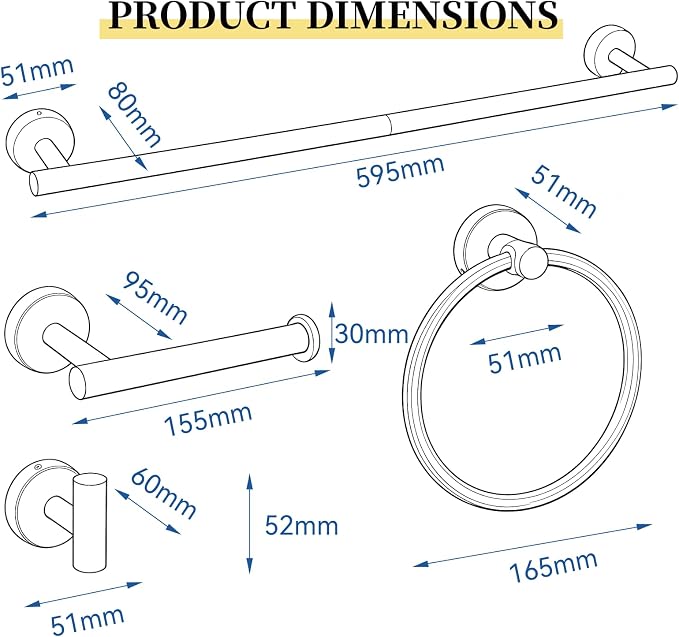 HOMOTEK 4 Pieces Bathroom Accessories Hardware Set, 24 inch Towel Bar, Towel Ring, Robe Hook, Toilet Paper Holder, Stainless Steel Rack Kit Wall Mounted, Gold