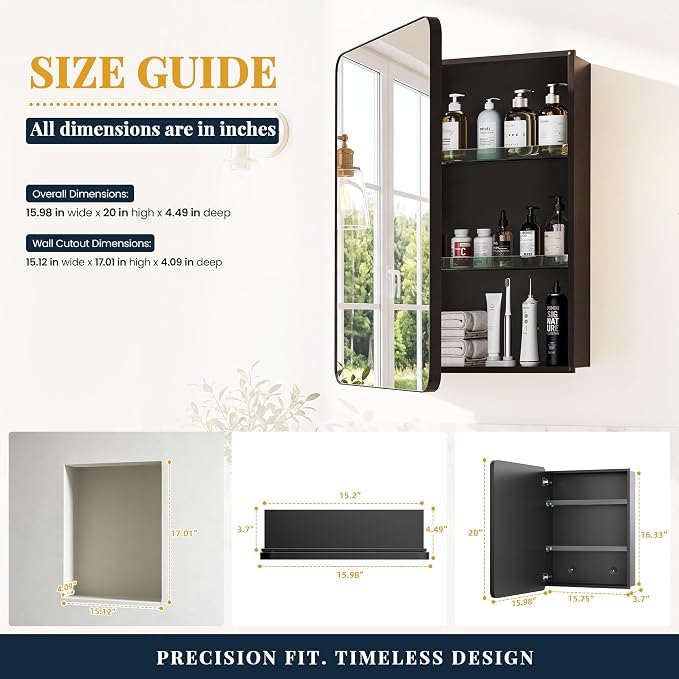 16x20 Medicine Cabinet with Mirror, Black Aluminum, Pre-Assembled | Bathroom mirror with storage, 3 adjustable acrylic shelves, Tempered Glass Mirror